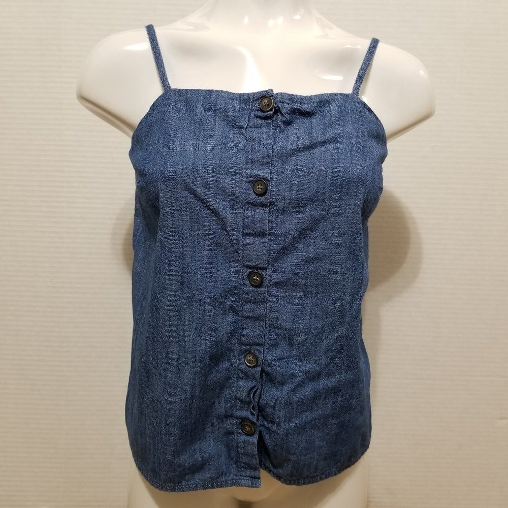 Old Navy top Small sleeveless button front chambray tank side split 100% cotton - Picture 1 of 11